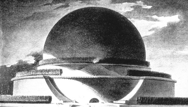 Boullée’s drawing of a vast spherical cenotaph for Newton, dwarfing its surrounding trees and figures.