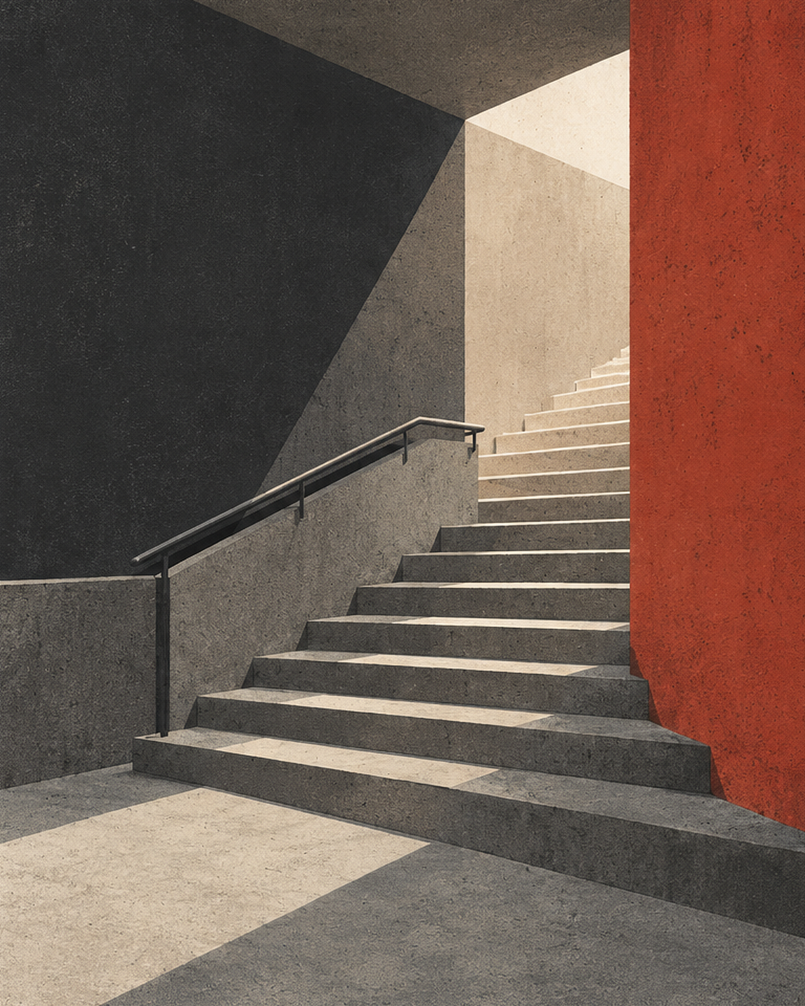 A pale concrete stairway rises through deep shadow beside a red wall; its upper destination is hidden from view.