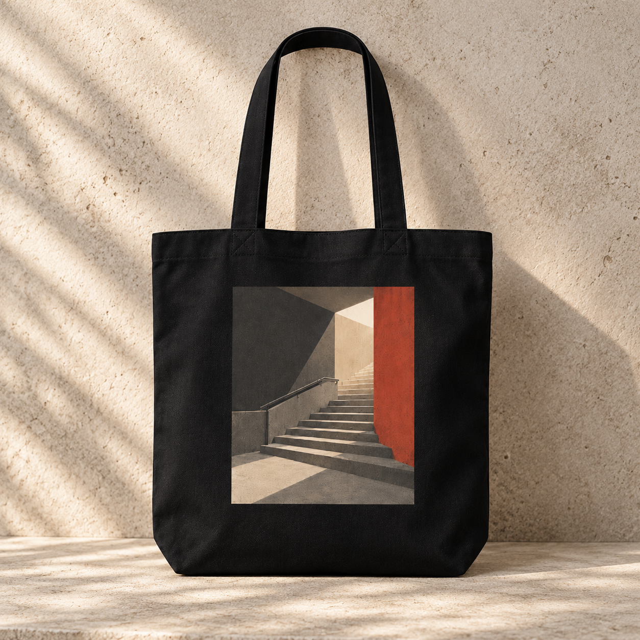 Hidden Turn black organic cotton tote, with a concrete stairway and red wall design.