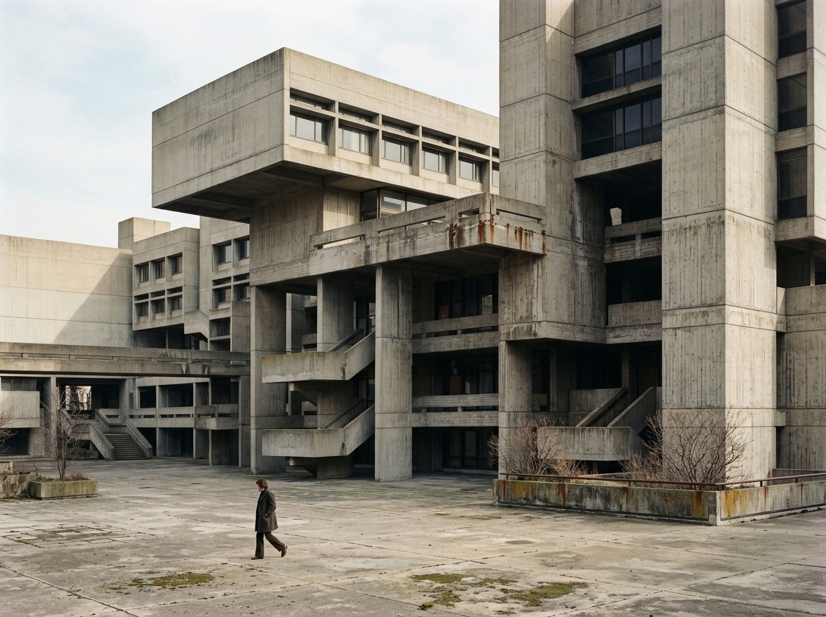 A lone pedestrian crosses an open courtyard beneath massive concrete terraces, towers and exposed stairways.