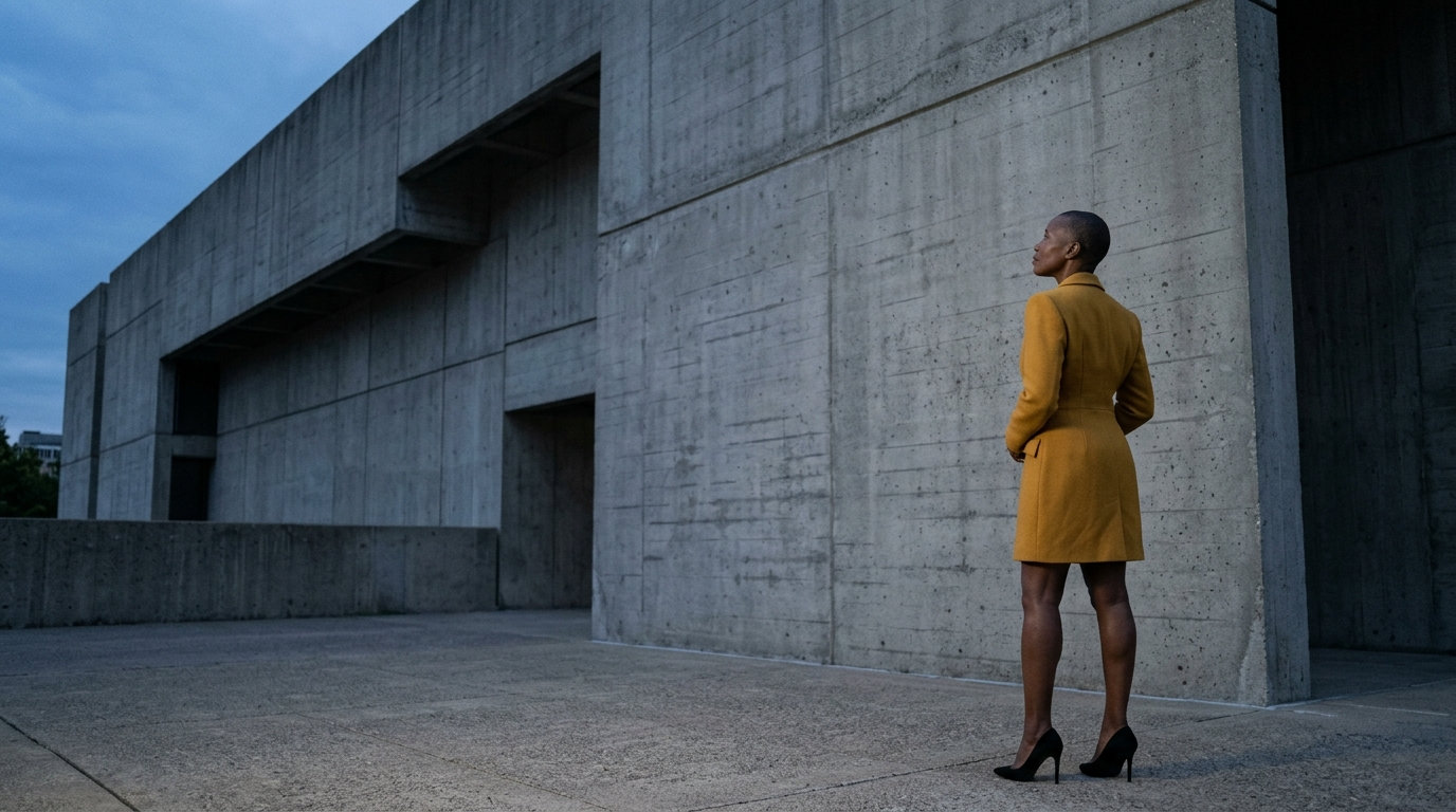 The originating image: a woman in an ochre coat beside monumental concrete architecture.