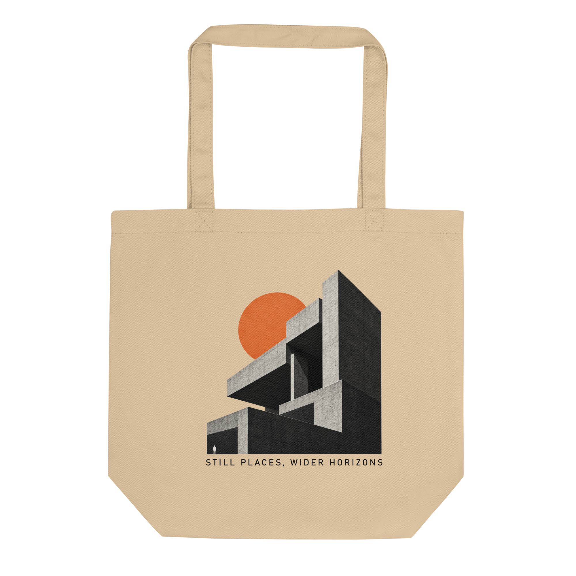 Natural cotton Still Places, Wider Horizons tote with a dark angular architectural form and an orange disc behind it.