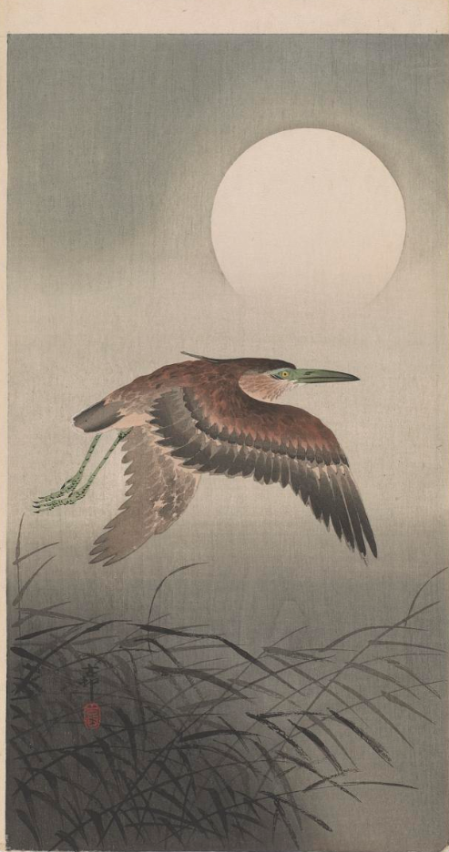 Originating Ohara Koson Flying heron and full moon print