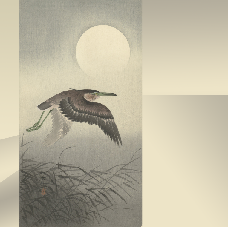 A flying heron beneath a full moon, held within the wider field of the Near Enough Works composition.