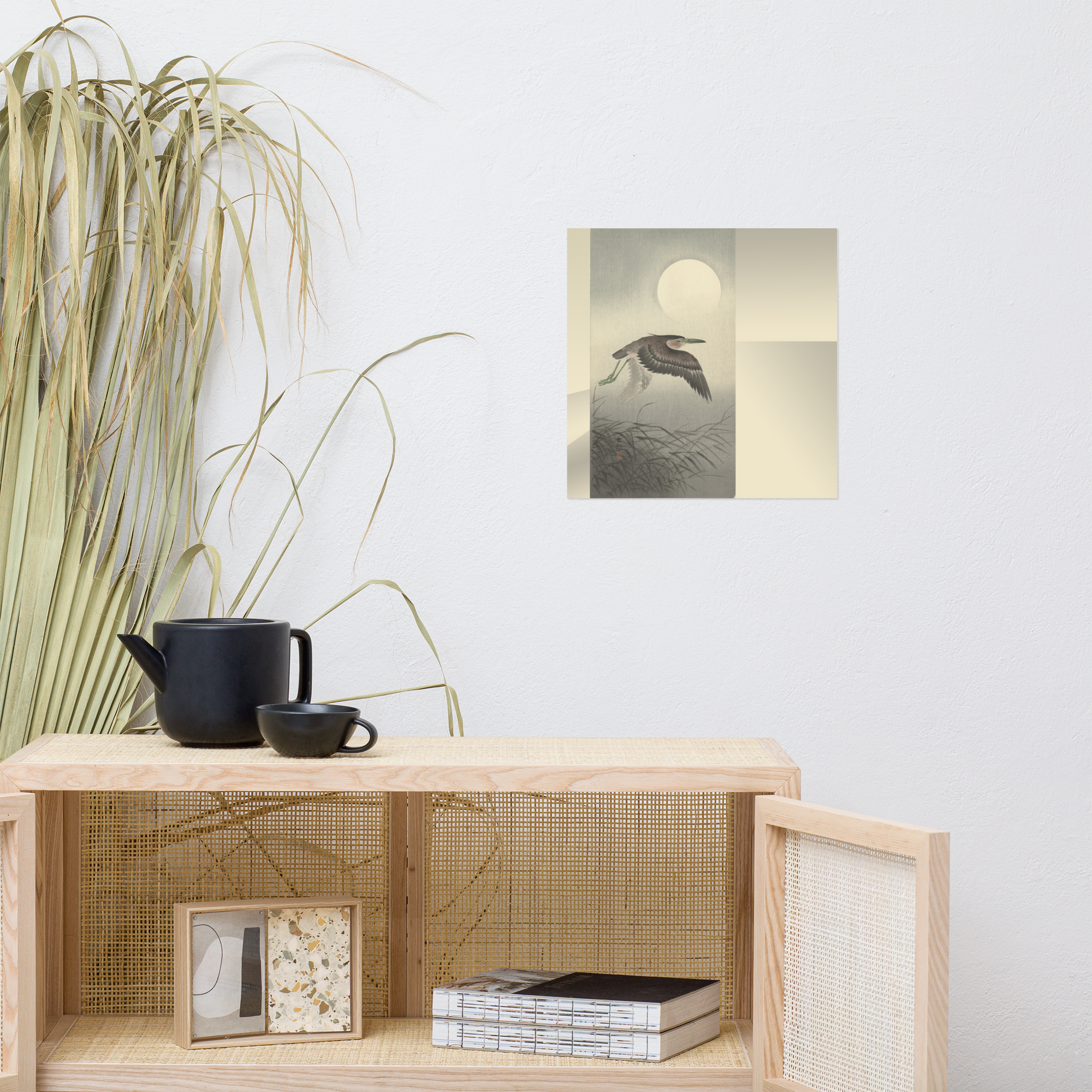 Heron at Full Moon shown as a wall print in a domestic interior